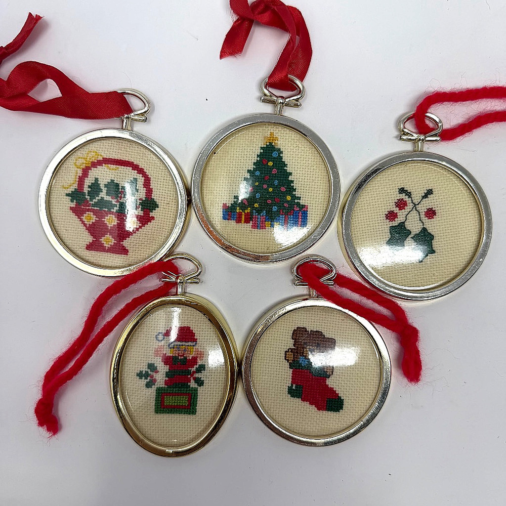 Lot of 5 Handmade Cross Stitch Christmas Ornaments Metal Frames Vintage
